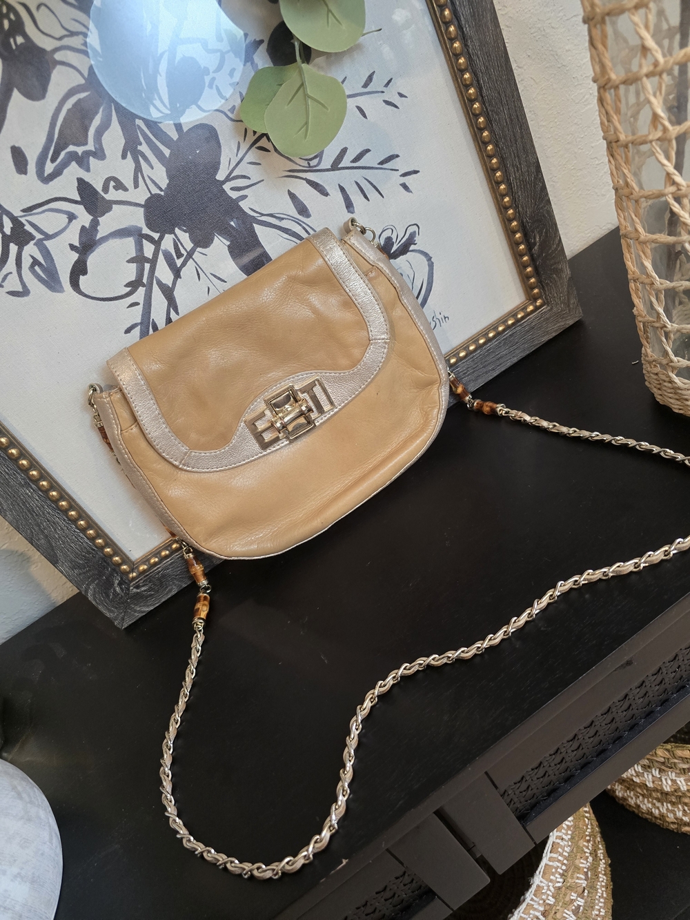 ELAINE TURNER Vintage Beige Gold Leather Crossbody Handbag Bamboo Chain Strap